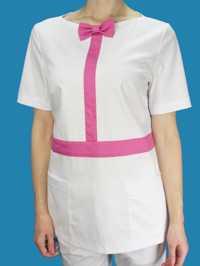 белая хирургичка с розовым поясом, белая медицинская блуза розовый бант, верх белый медицинский топ